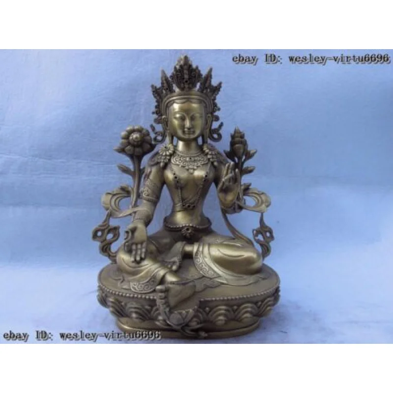 

12" Tibet Buddhism Brass Copper Green Tara Guan Yin Kwan-yin Boddhisattva Statue 30cm