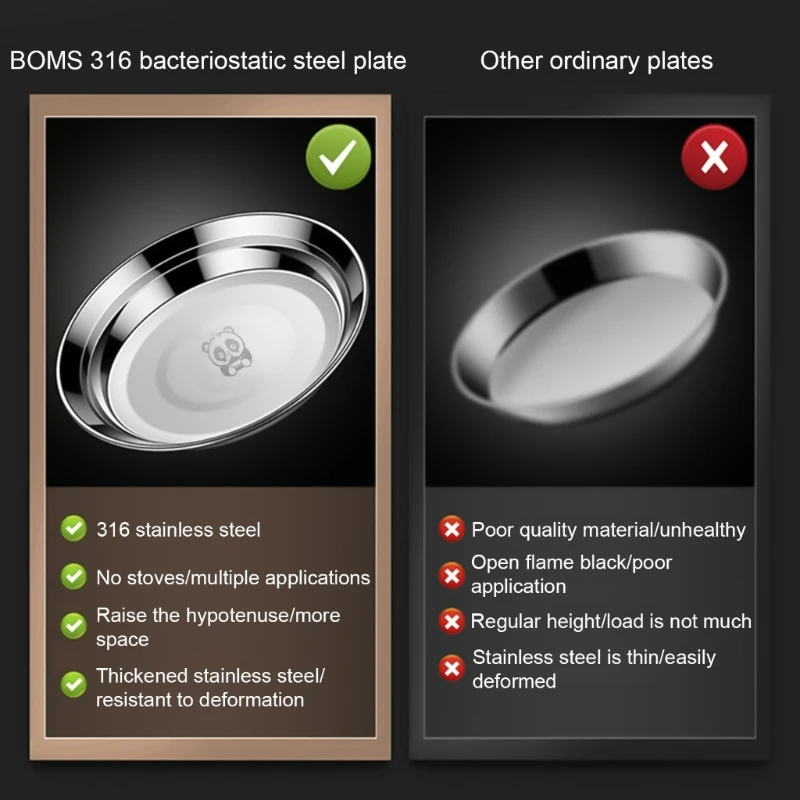Set of 3 Elegant 316 Stainless Steel Serving Plates Dish with Reinforced Edges