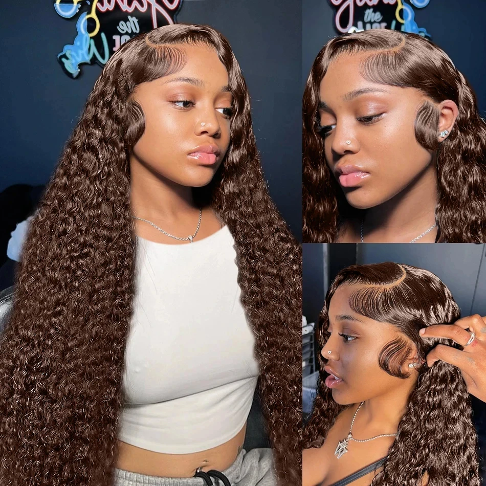 Curly HD 230% 13x6 Chocolate Brown Deep Wave Human Hair Wigs 13x4 Lace Front Water Wave 30 40 Inch Transparent Lace Frontal Wig