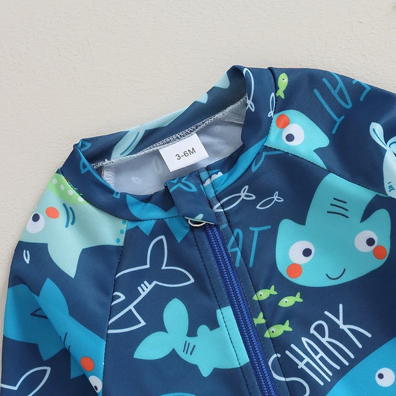 Baby Boy Shark/Spider Print Swimsuit Infant Toddler Boys Swimwear Rash Guard Zipper 1 Piece Long Sleeve Beach Bathing Suits