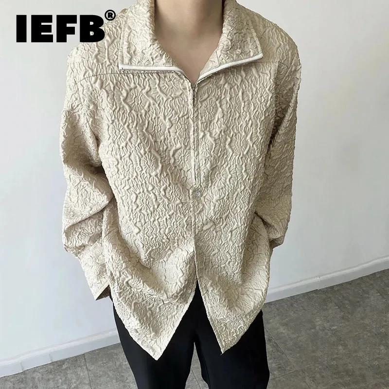 

IEFB Men's Shirt Knurling Stand Collar Long Sleeved Zipper Fashion Casual 2024 Summer New Single Breasted Zipper Male Top 9C5266