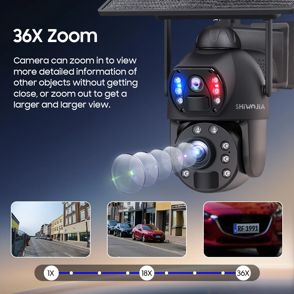 SHIWOJIA 36X ZOOM 12MP 4G SIM Solar Camera Outdoor 360° Wireless WIFI Battery Security Cameras with Solar Panel PIR Night Vision 4