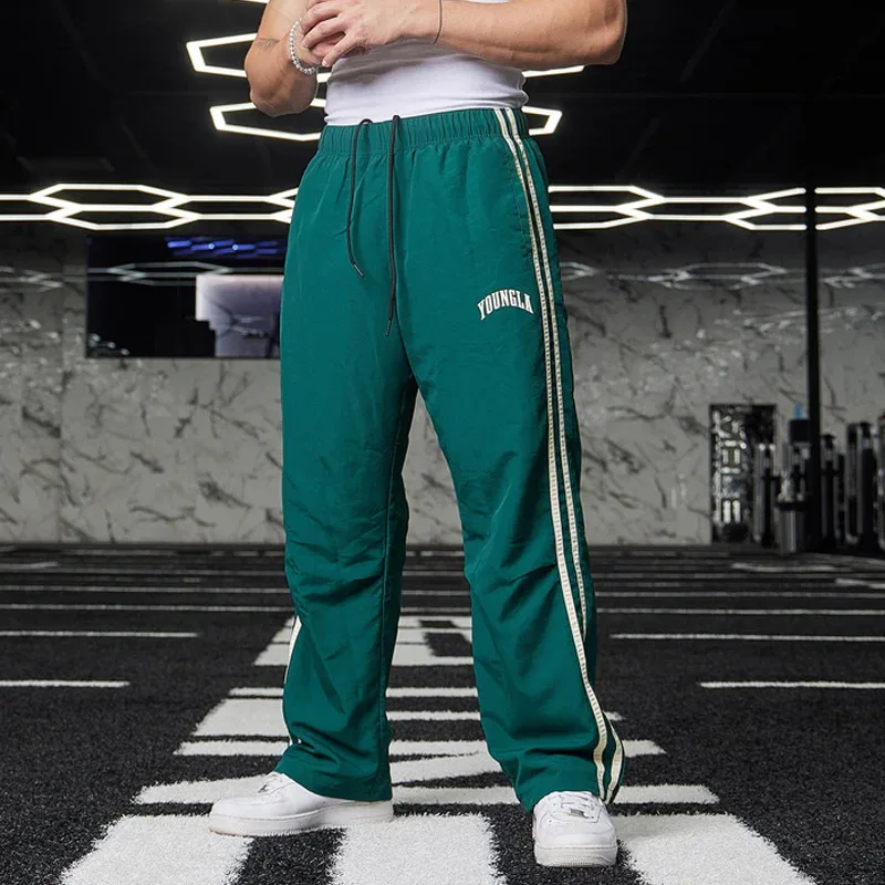 Men's sports pants with double striped patchwork printed casual runner mid waist straight leg pants 6