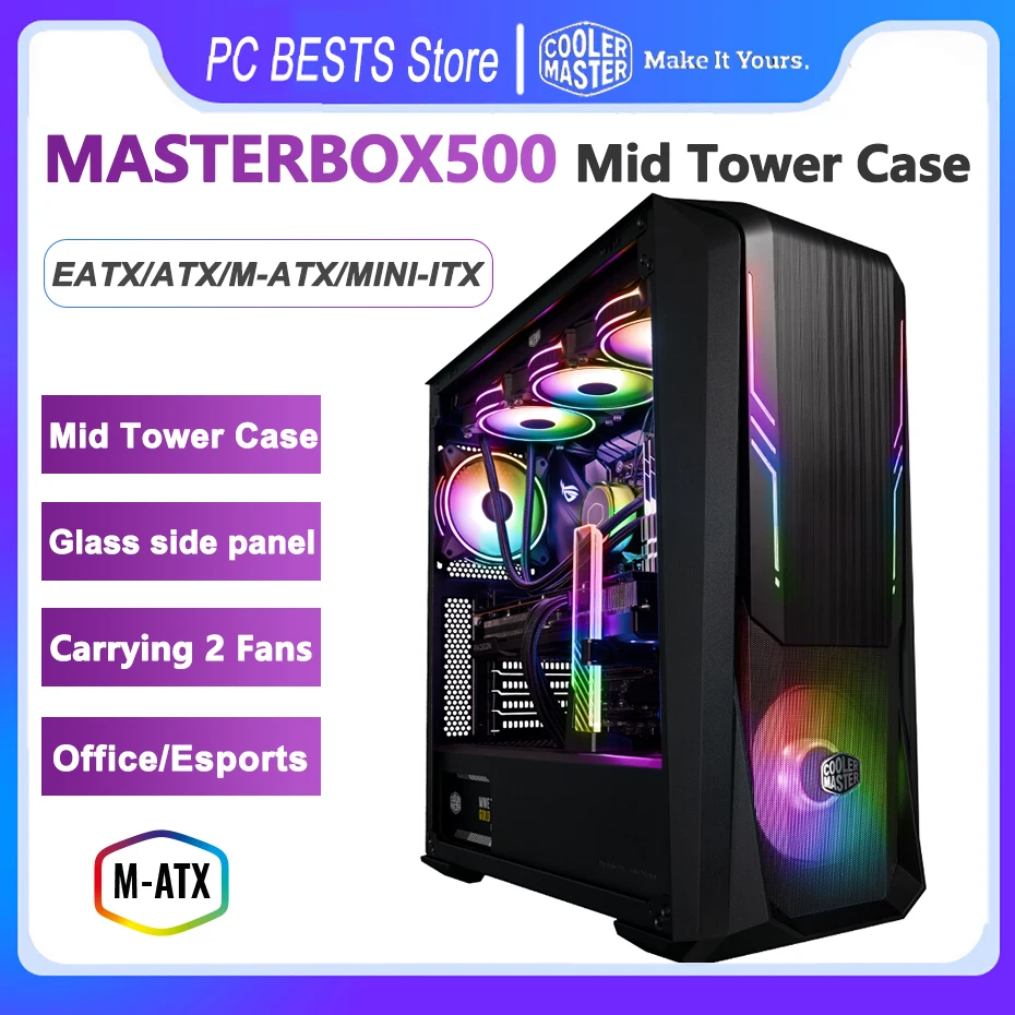 Cooler Master Masterbox500 E-Atx M-Atx Mini-Itx Case Computer Desktop In Vetro Temperato Mid Towe Office Chassis