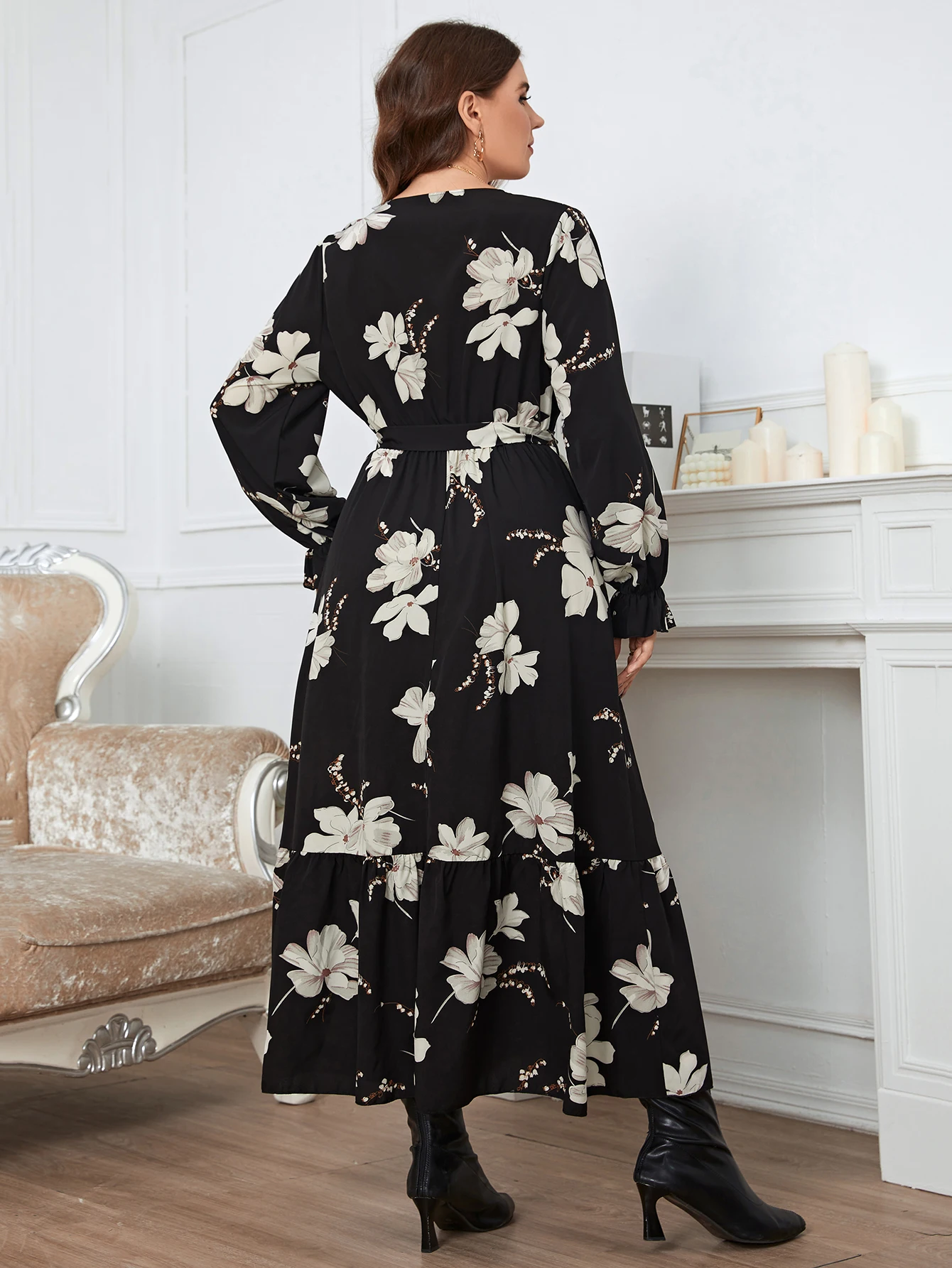 KEBY ZJ Plus Size Women Clothing Puff Long Sleeve Maxi Dress Casual Black Printed Chiffon Spring Autumn Lady Elegant Party Dress