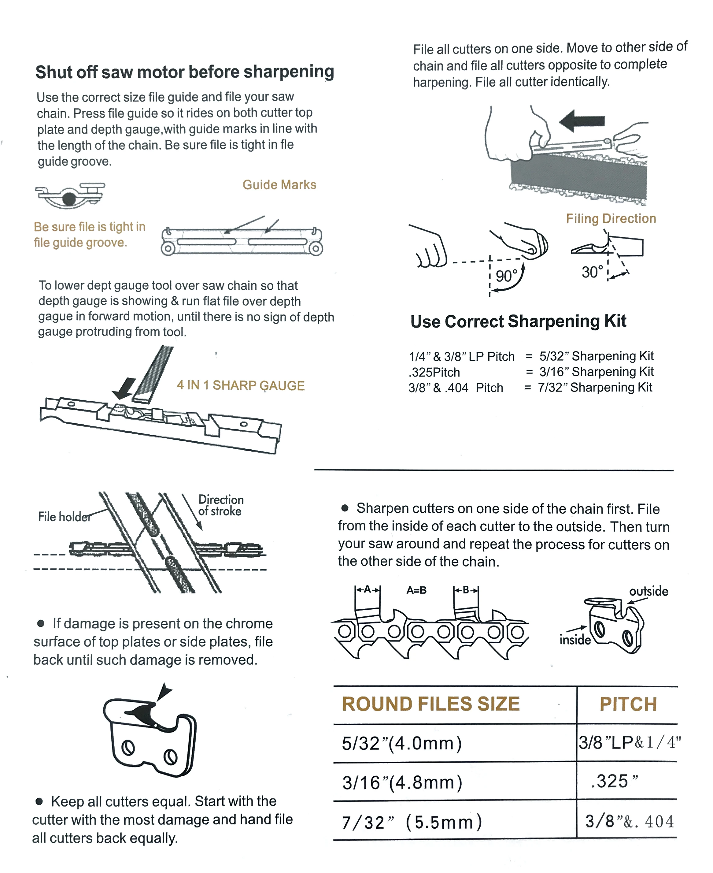 Chainsaw sharpening kit 10/11/12 pcs set professional hardwood handle round/flat file guide bar file sharpener tools