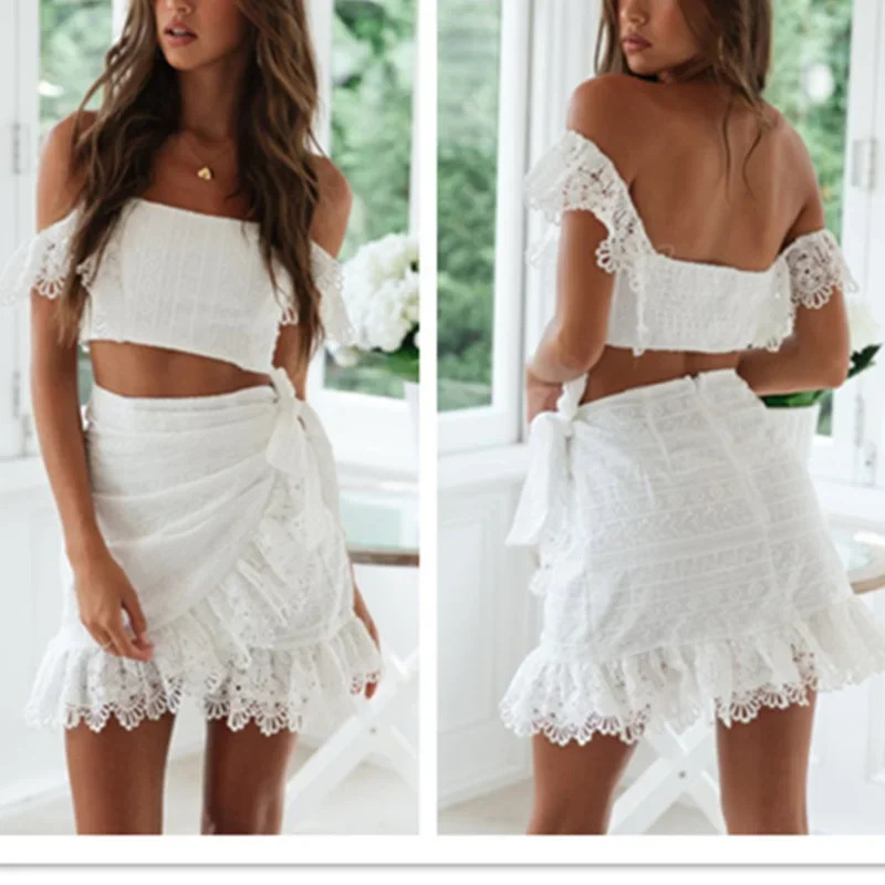 

Women Summer White Sexy 2021 Lace Hollow Out Mini Dress Outfits Bandage Bodycon Slash Neck Vestidos Elegantes Para Mujer