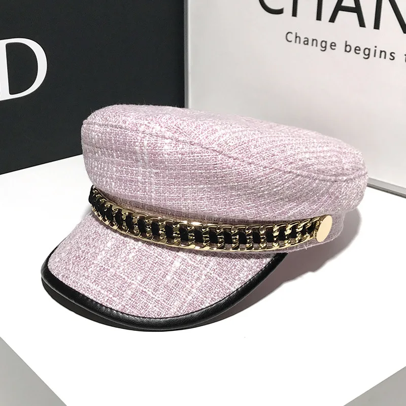 New Fashion Women's Flat Top Plaid Chain Military Hat Elegant Artist Black Korean Octagonal Beret Captain women military hat