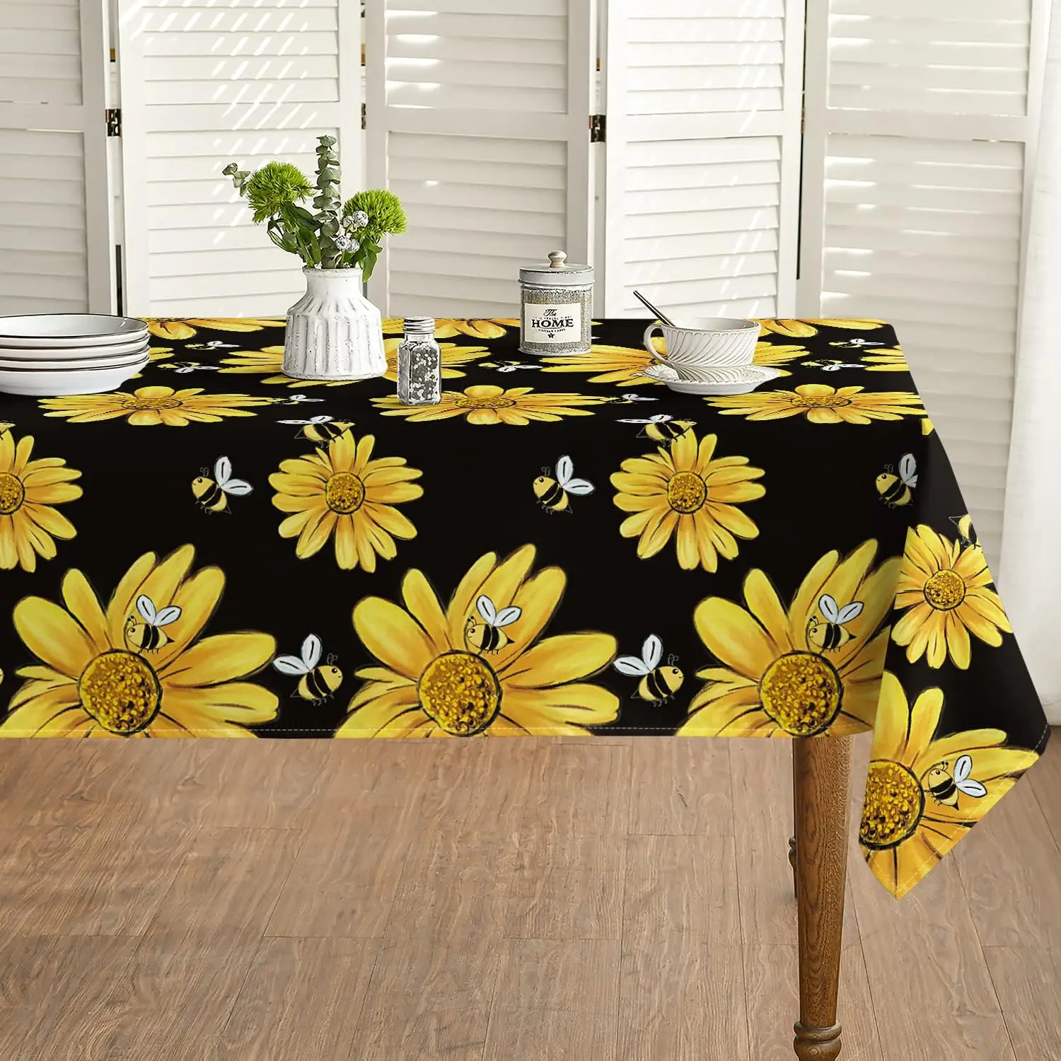 Spring Yellow Sunflower Printed Tablecloths Bumble Bee White Washable Table Cover for Kitchen Table Decor Wedding Party Decor 3