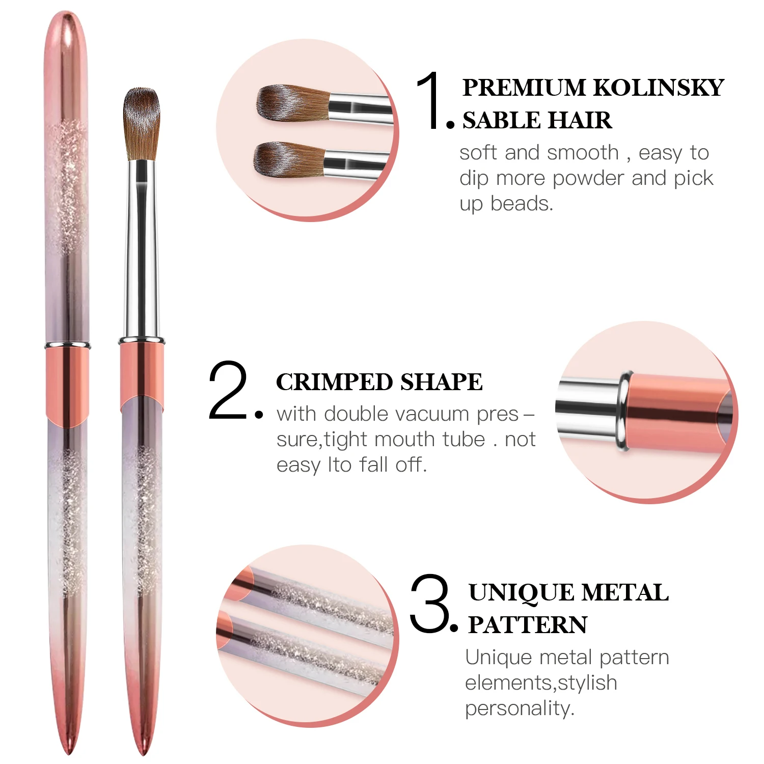 Kolinsky Hair Acrylic Nail Brush, Clear Crystal Handle  Oval Shaped Acrylic Nail Brushes, Acrylic Powder Brush Set 3