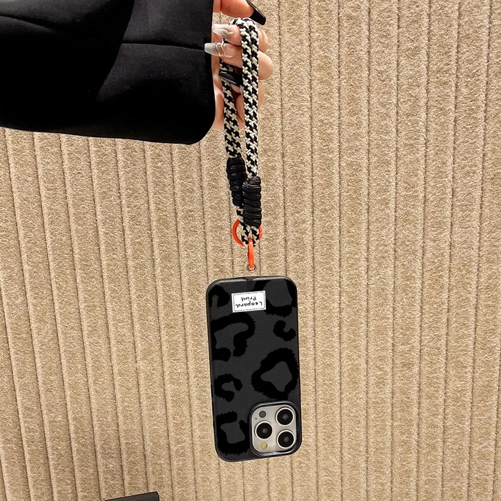 Leopard Print Lanyard Strap Phone Case with Lichee Pattern Cover