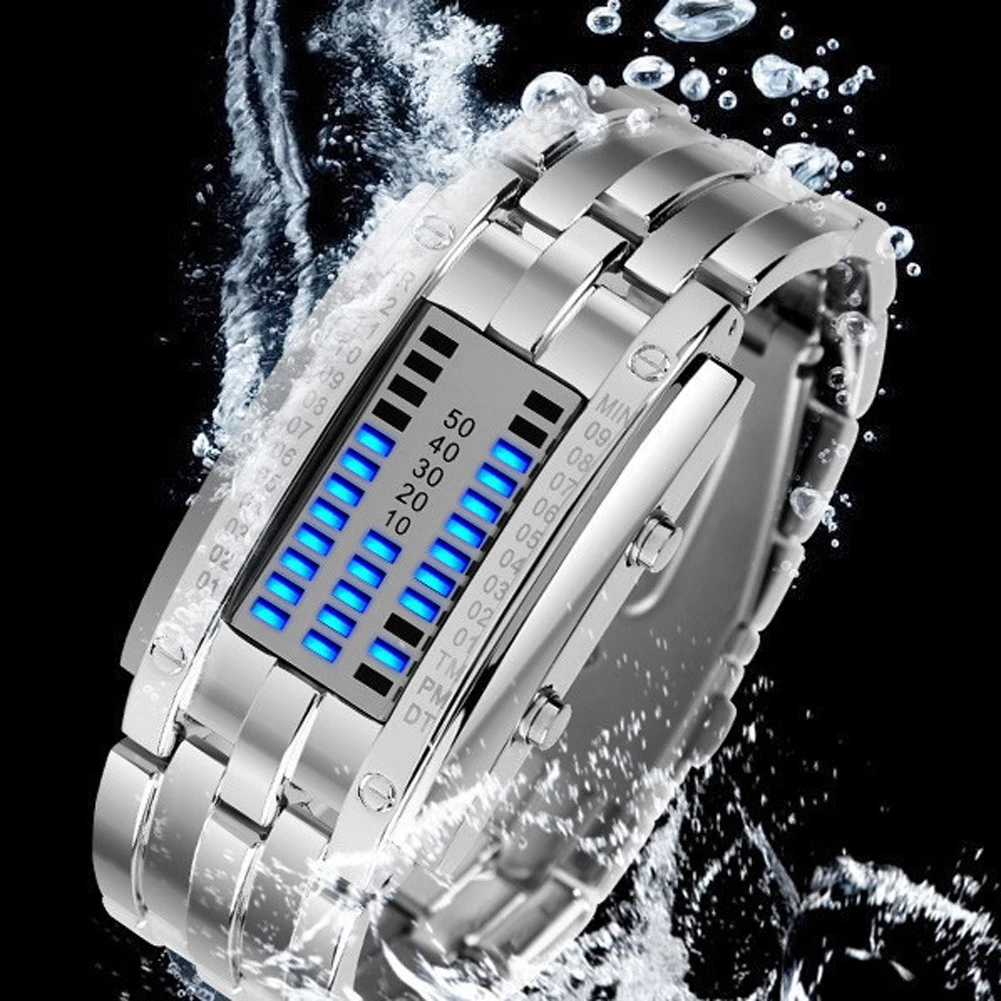Business Men Stainless Steel Blue Binary Luminous LED Electronic Watch Displays Waterproof Fashion Women Led Watch Reloj Hombre