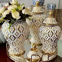 Golden Geometric Stripes General Tank Porcelain Ginger Jar Gold-plated Flowers Vase Dresser Table Jewelry Cosmetic Container 1