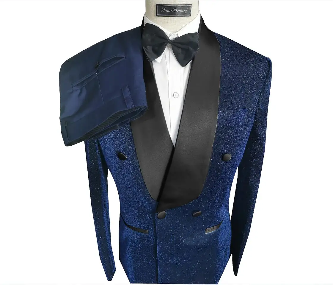 

Блестящие синие мужские костюмы на заказ для выпускного вечера, свадебный смокинг для жениха, двубортный деловой Блейзер, 2 предмета, мужской костюм из пиджака и брюк