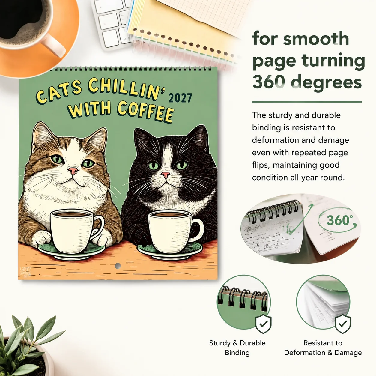 Calendario da Parete 2027: Illustrazione di Gatti Divertenti e Rilassanti con Tema Caffè, Calendario Mensile Personalizzato per 12 Mesi - immagine 4