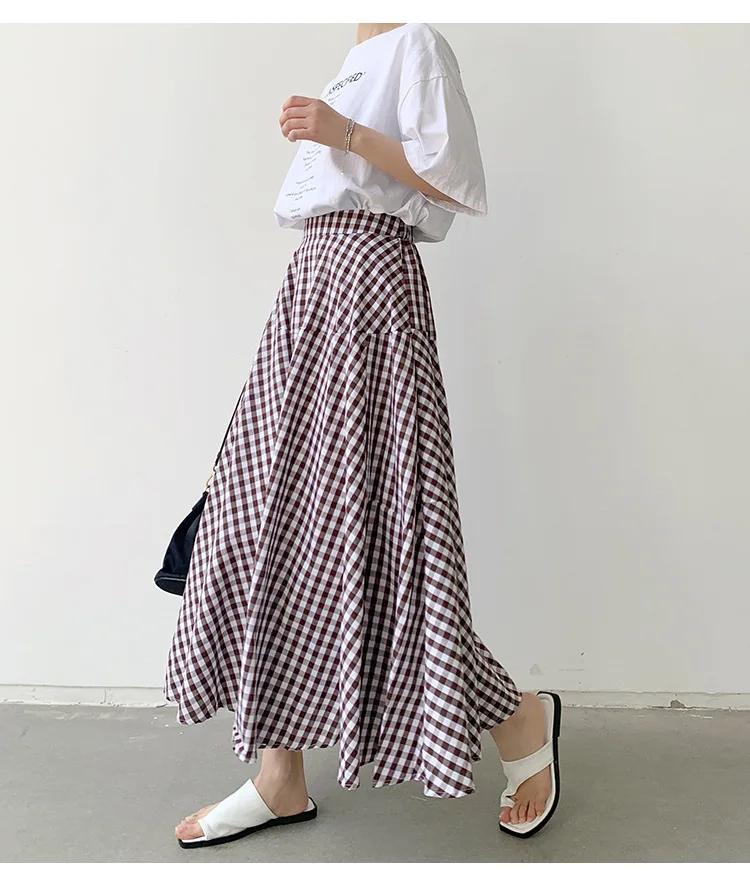 Korean Style Colored Plaid A-line Long Cotton Skirts 5