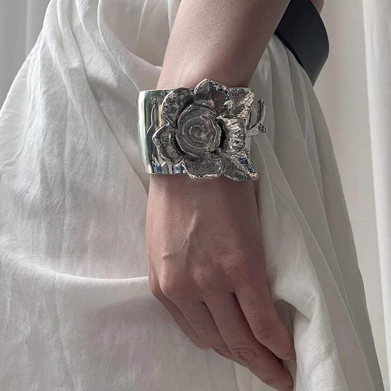 

Vintage engraved rose widen open metal bracelet for women Gothic exaggeration bangle