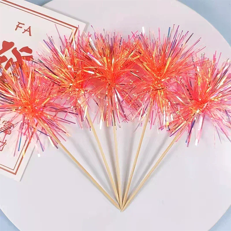 20pcs Foil Firework Cupcake Toppers Sparkle Tinsel Cake Decoration Cocktail Picks for Birthday Wedding Graduation Party Supplies