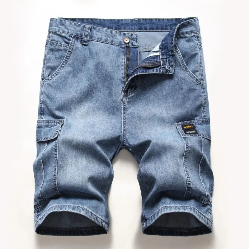 Plus Size 40 Men's Loose Blue Denim Shorts Summer New Big Pocket Straight Jeans Cargo Shorts Male Plus Size Five Point Pants