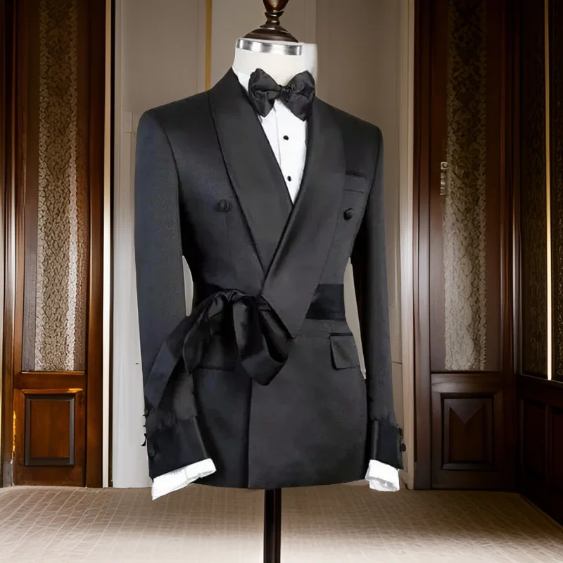 Men Suit Jacket with Plain Black Belt Double Breasted Shawl Lapel Slim Fit Wedding Groomsmen Smoking Fashion Blazer