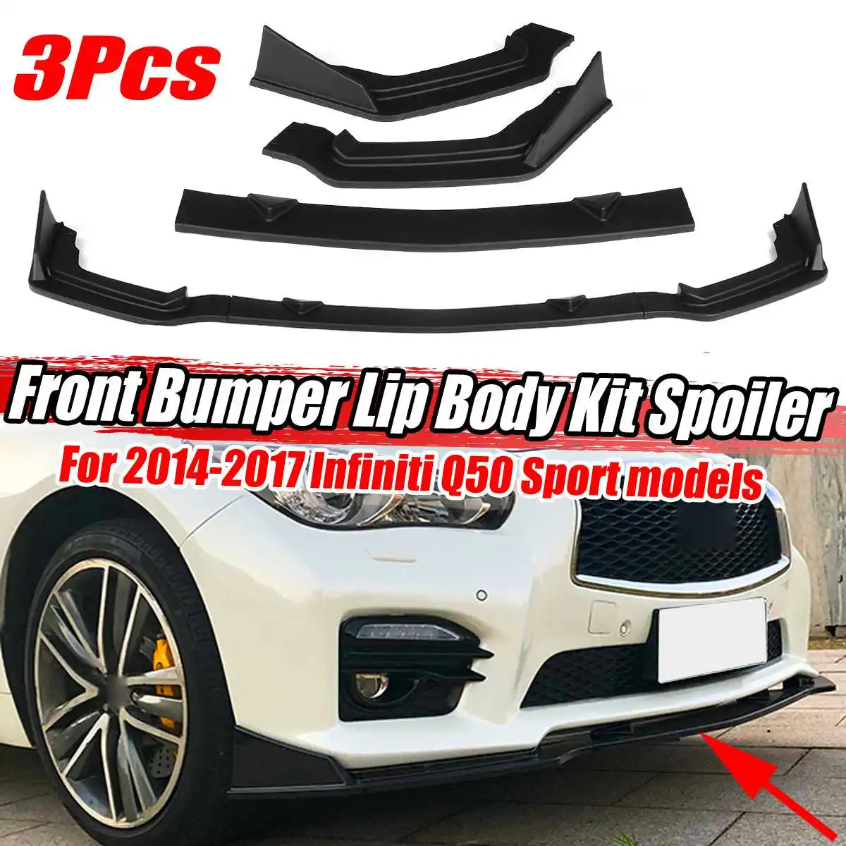 3PCS Gloss Black Front Bumper Lip Splitter Kit For Infiniti Q50 Sport 2014-2017