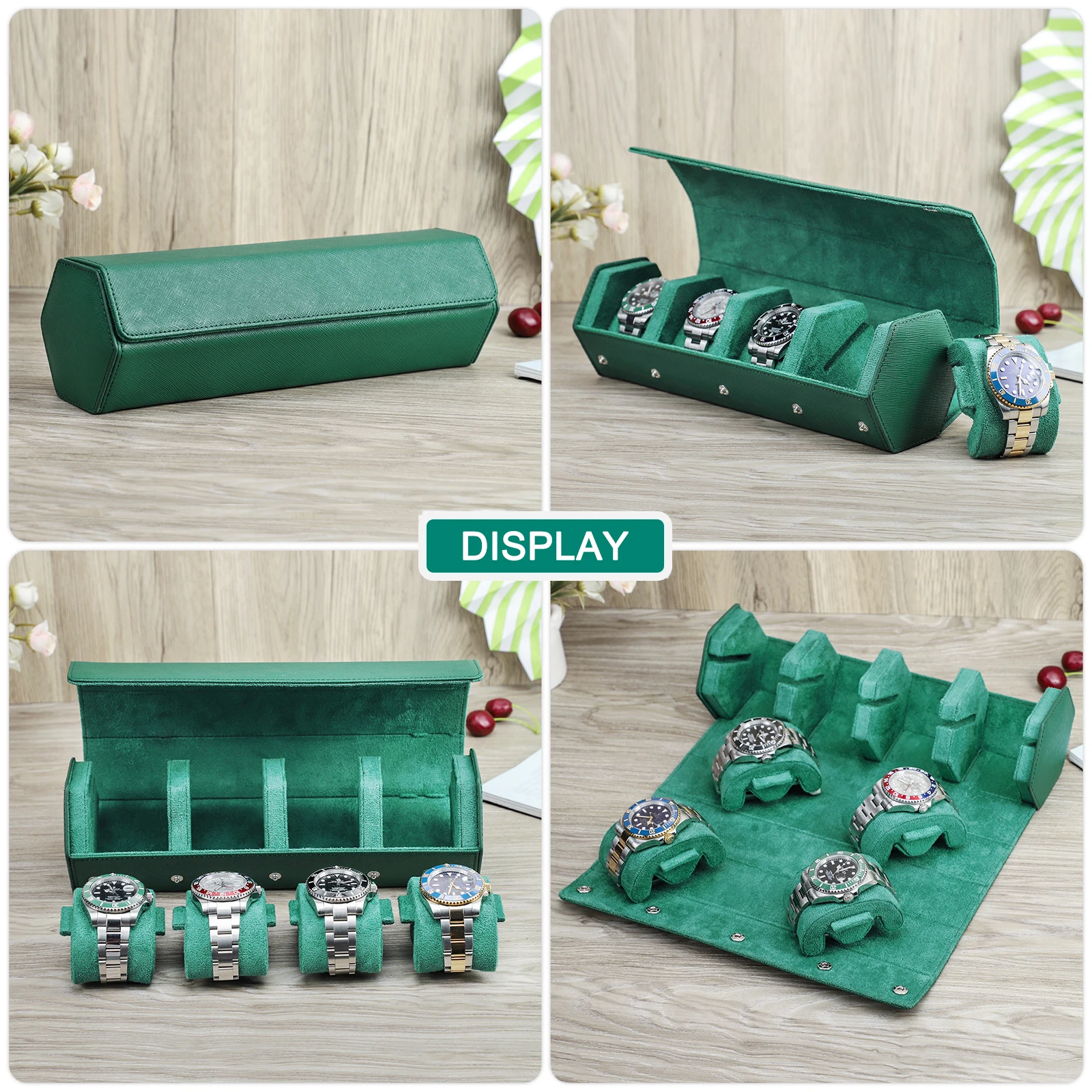 Watch Traval Case Box Organizer 4 Slots Genuine Leather Portable Zipper Watch Case  Bracelet Green Display Box