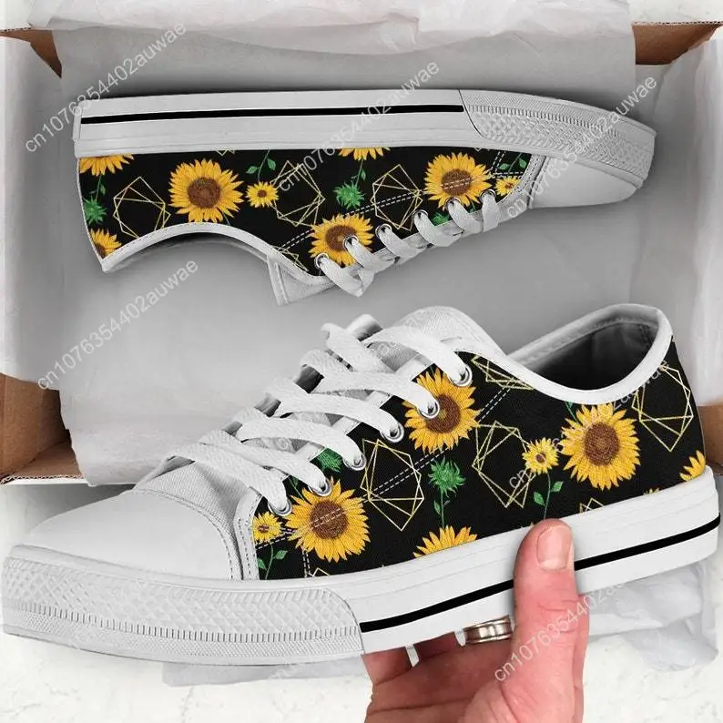 Classic Yellow Flower Sunflower Printing Canvas Shoes Women Daily Outdoor Light Sneakers Black White Flats For Teens