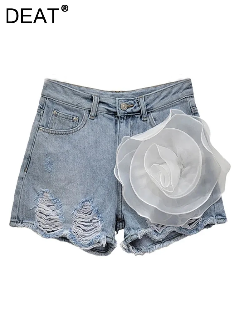

DEAT Women's Short Pants High Waist Straight Broken Holes Wide Leg Distressed Denim Shorts 2024 Summer New Fashion 29L7900