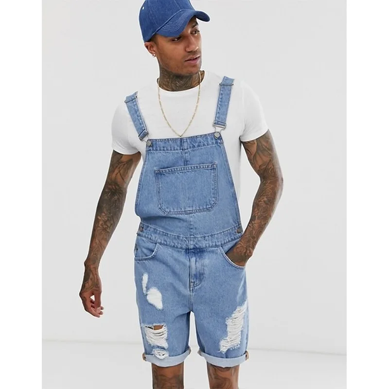 Men's Overalls Retro Jeans Ripped One-piece Bib Pants Spring Summer Solid Color Shorts Jeans Pantalon Homme