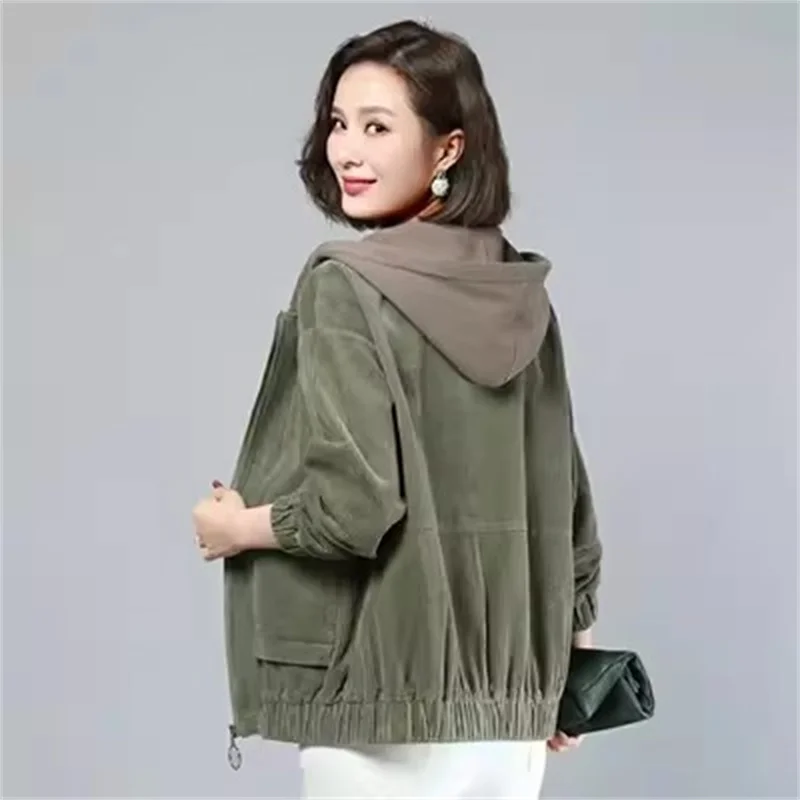 Thickened Corduroy jacket For Women Spring Autumn Winter Loose fit for middle-Aged Mothers Korean hooded versatile Short Jacket