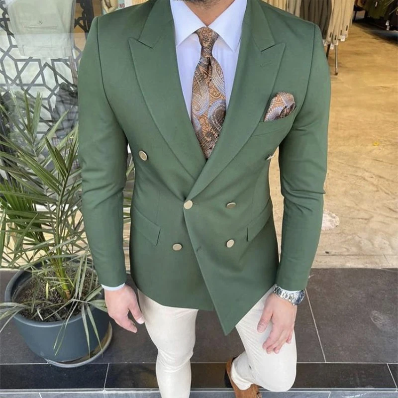 

2022 Tailored Popular Green Men Suits Double Breasted Wedding Tuxedos Groom Wear Party Prom Best Mens Blazer Suit (Jacket+Pants)