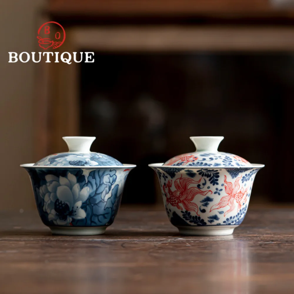 135ml Blue and White Sancai Covered Bowl Tea Tureen Hand Painted Lotus Fish Lotus Chinese Style Household Ceramic KungFu Tea Set