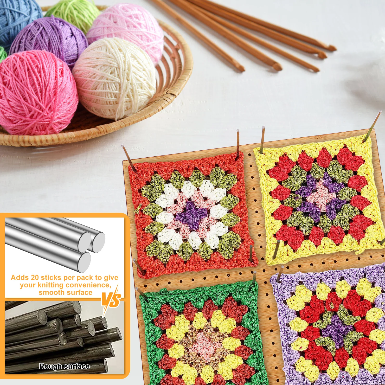 Premium Bamboo Crochet Blocking Board with Adjustable Stand - Reusable Wooden Crafting Tool for Granny Squares, 9.8/11.4 inch