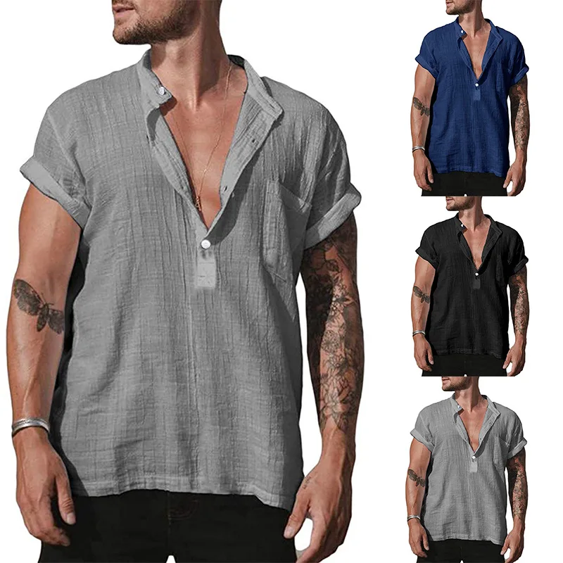 Men's Casual Cotton Linen Shirts Summer Tees Tops Short Sleeve Linen V Neck Collar Shirts Dark Blue Black Handsome Men Shirts