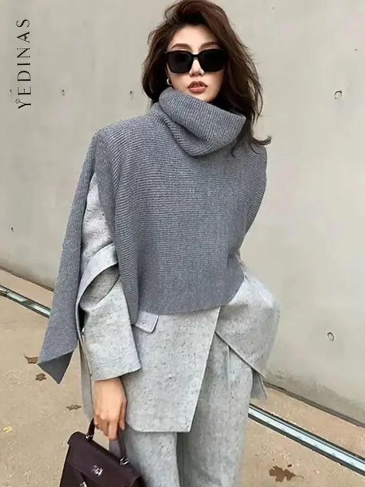 Yedinas Warm Pullover Turtleneck Autumn Winter Ponchos And Capes For Women Coats Korean Fashion Irregular Crop Top Knitted Tops 2023 fashion winter warm turtleneck capes