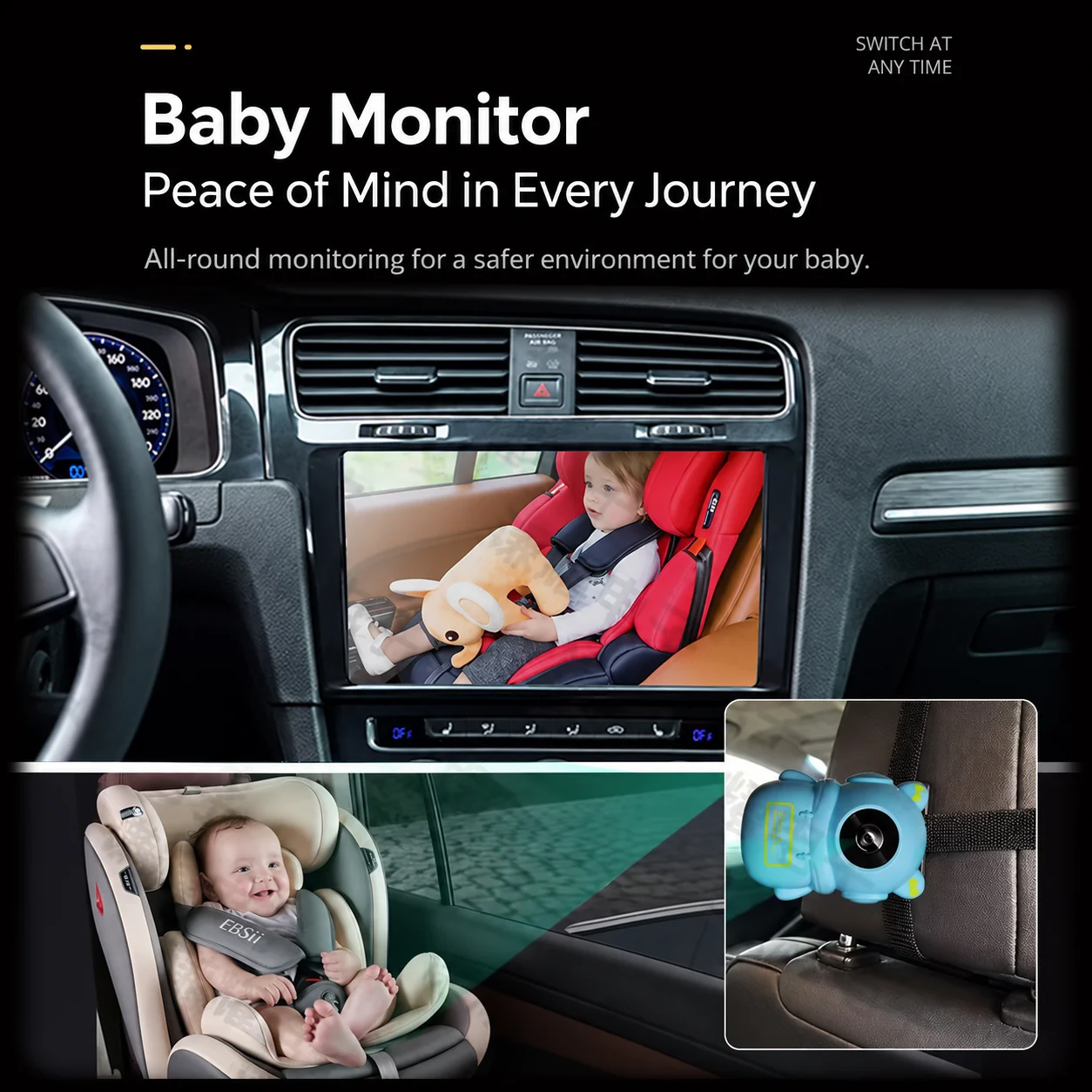 محول لاسلكي 2 في 1 لنظام CarPlay مع كاميرا خلفية للسيارة بدقة 1080 بكسل، وشاشة مراقبة للمقعد الخلفي، ونظام Android Auto، وزاوية رؤية واسعة.