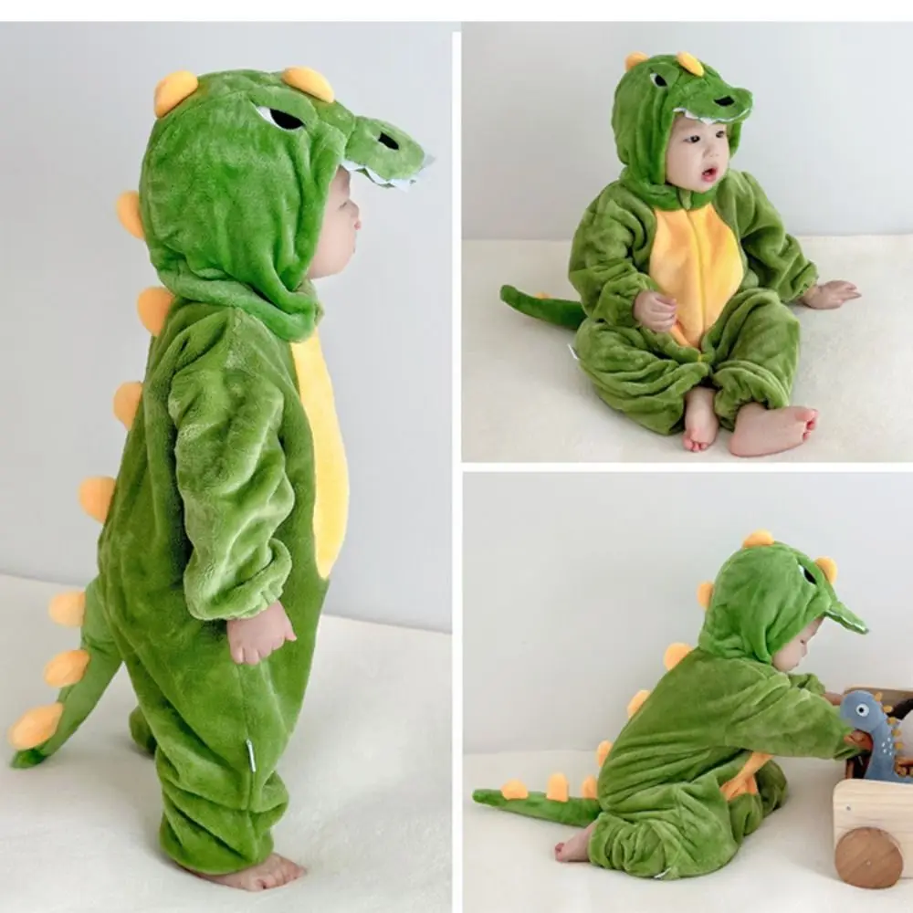 Keep Warm Coral Fleece Baby Hooded Rompers Soft Animal Infant Jumpsuits Comfortable Dinosaur Children Pajamas Autumn