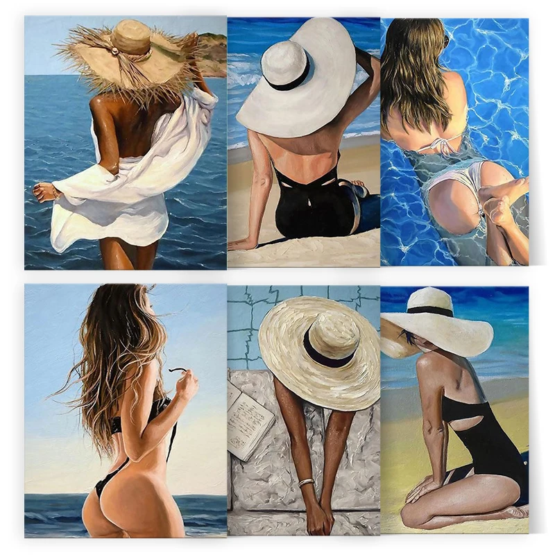 

RUOPOTY Painting By Numbers For Adults Kits Sexy Beauty Beach Swimming Pool Bikini Back For Home Decor