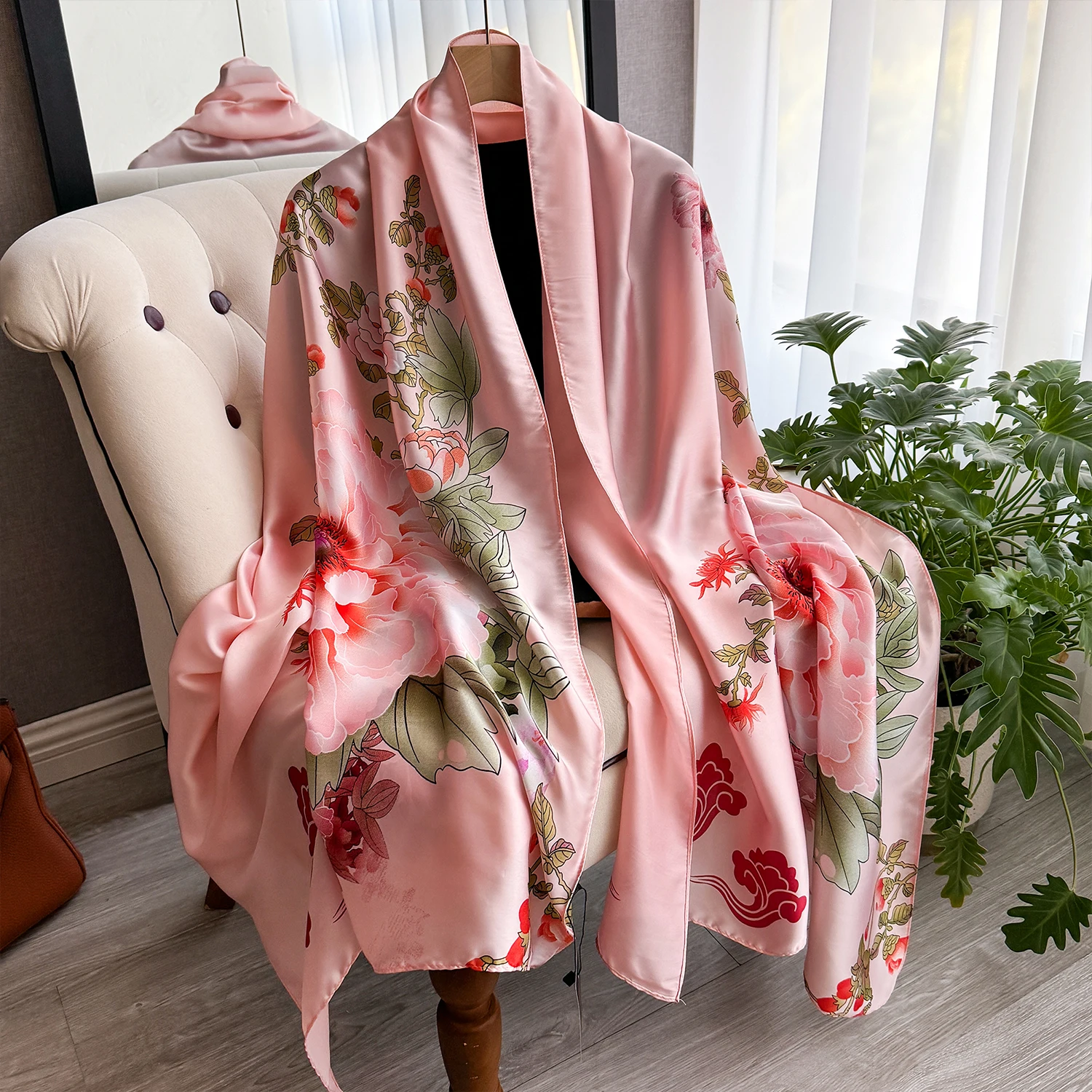 Latest Spring High Quality Soft Silk Scarf Women Ladies Elegant Floral Scarf Fashion Shawl Beach sun Protection Designer Scarf
