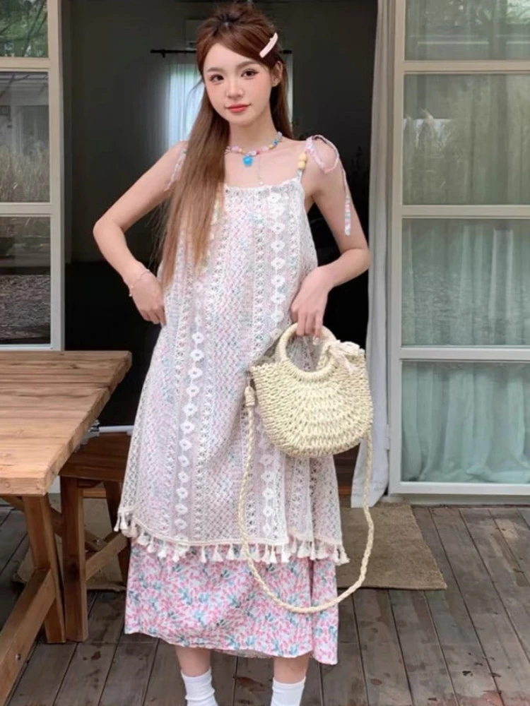

HOUZHOU Sweet Boho Dress Women Summer Holiday Lace Floral Dresses Casual Vintage Spaghetti Strap Sleeveless Sundress