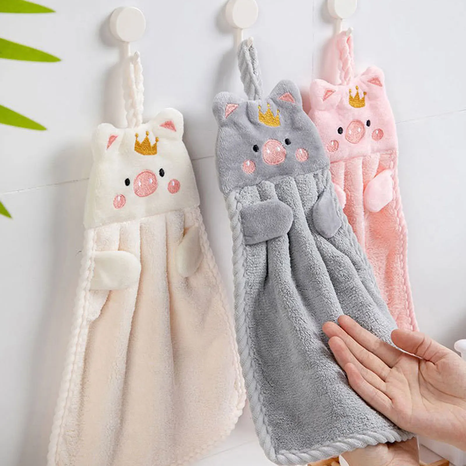SUGN Hanging Kitchen/Bathroom/Bedroom Hand Towels,Cute Children Microfiber  Coral Fleece Hand Towel with Convenient Hanging Loop Fast Drying(Pink)