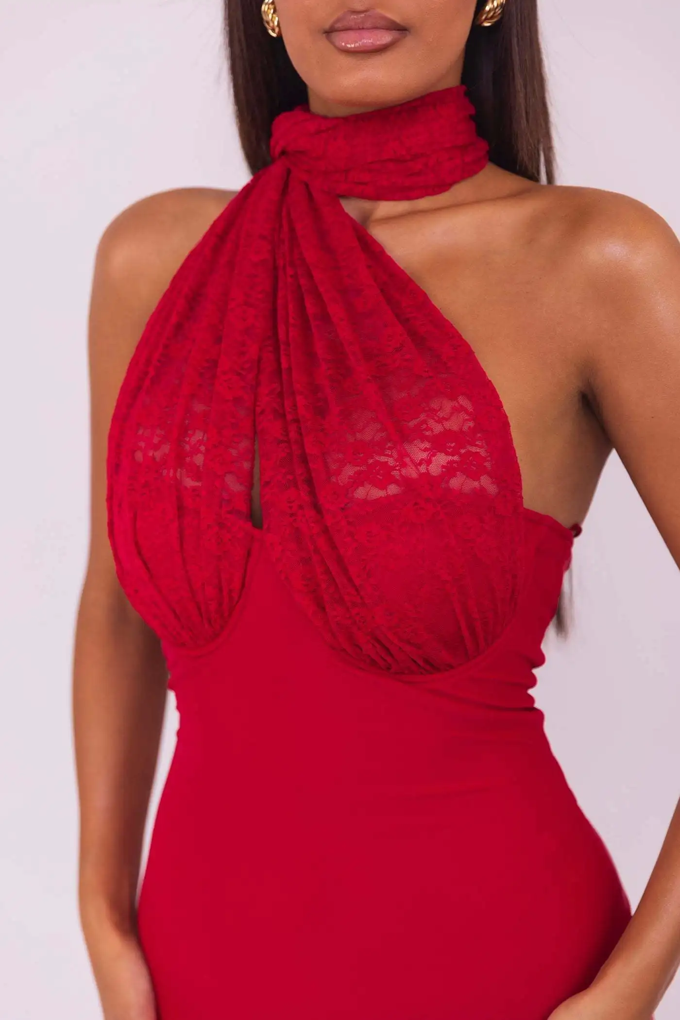 Sexy Hanging Collar Lace Patchwork Deep V Evening Dress Women Elegant Backless Party Club Vestido Autumn/winter New