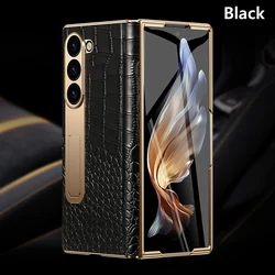 LANGSIDI Leather Gold Plating Magnetic Hinge Stand Case with Mirror Film for Galaxy Z Fold 5 (Crocodile grain 1)