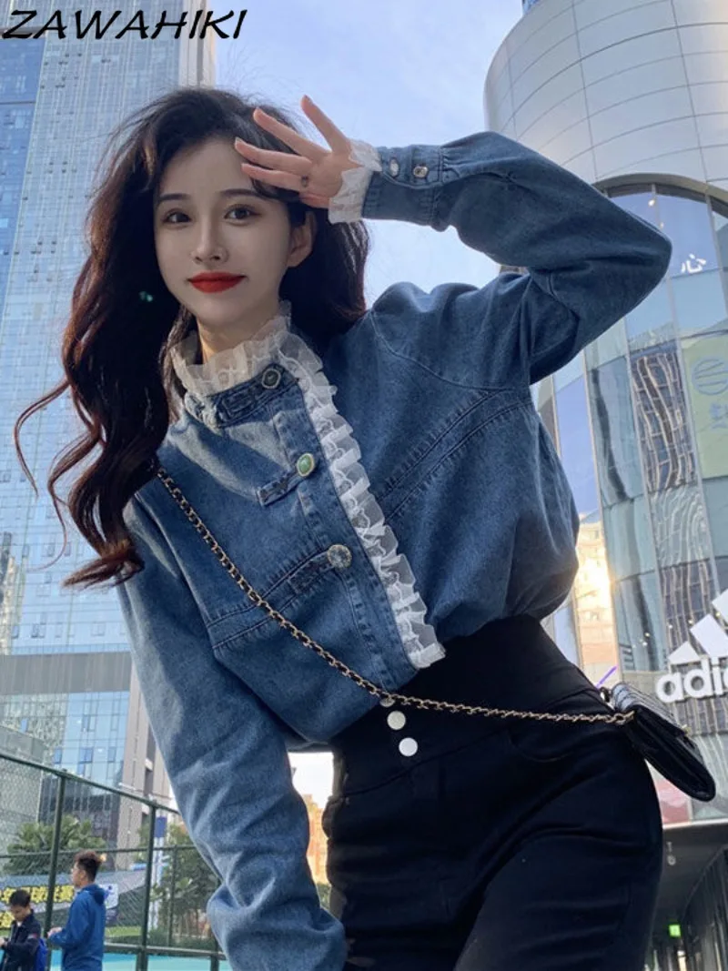 

Женская джинсовая рубашка в стиле пэчворк, демисезонная модная шикарная однотонная свободная рубашка с длинными расклешенными рукавами и оборками, шикарный топ