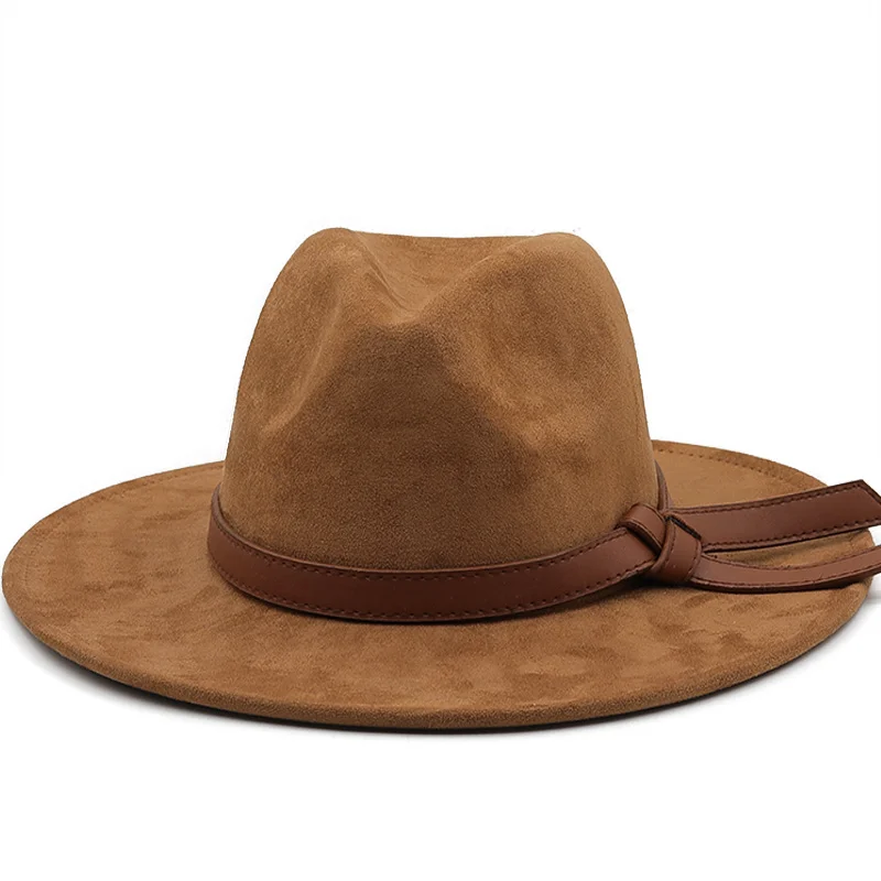 

Brand Winter Autumn Imitation Woolen Women Men Ladies Suede Fedoras Top Jazz Hat European American Round Caps Belt Hats