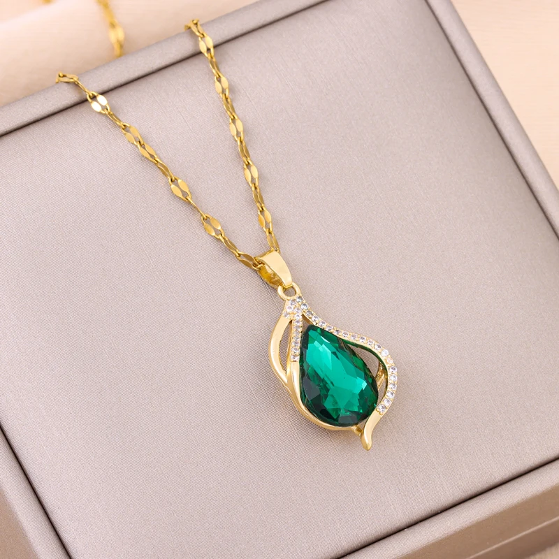 New Vintage Style Light Luxury Green Water Drop Pendant Necklace for Women Trendy Stainless Steel Jewelry Ladies Wedding Jewelry_voghion.com