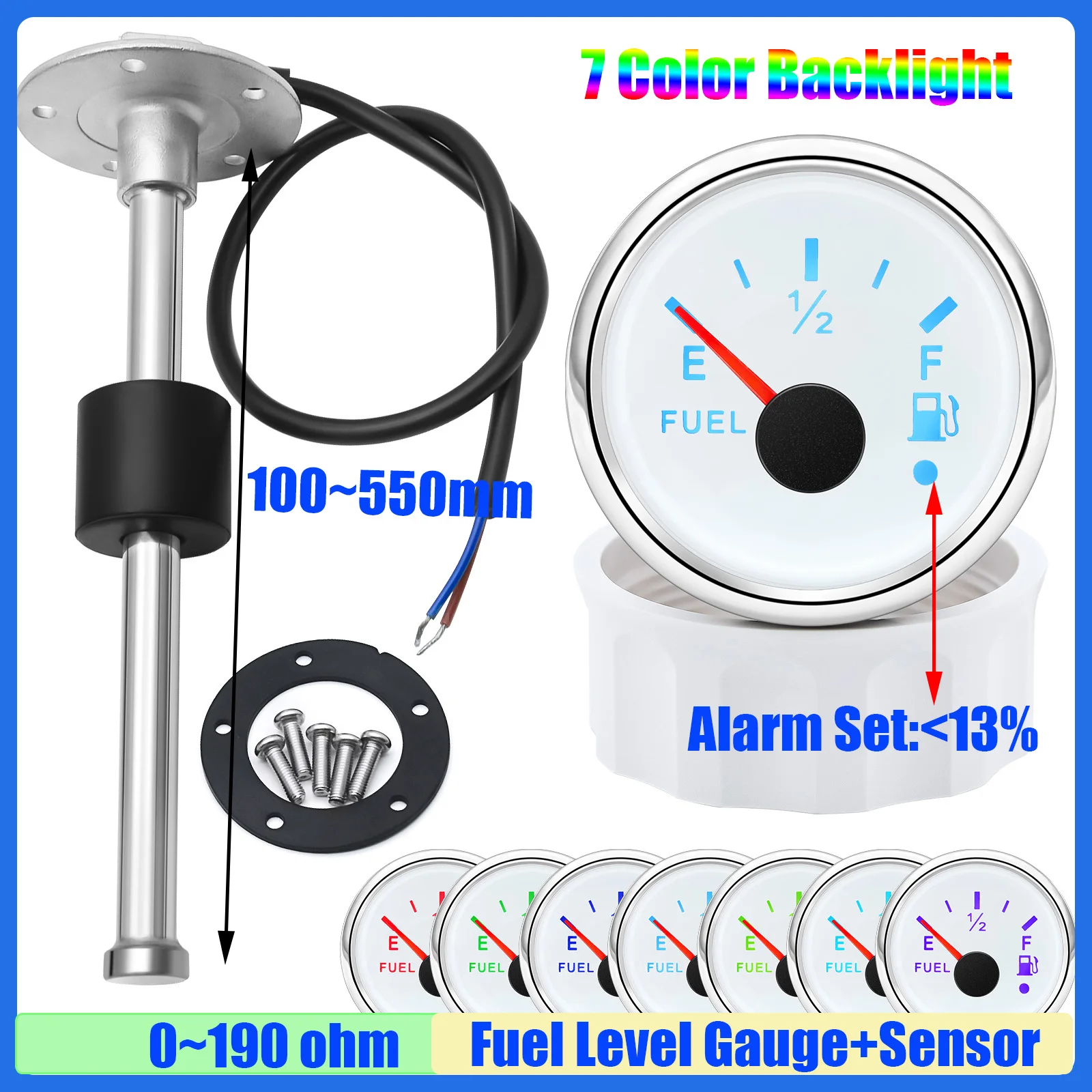 

Stainless Steel Fuel Float Sensor 100~600mm 52mm Fuel Level Gauge 0-190 ohm Oil Tank Meter with Flash Alarm for Car Yacht 12V24V