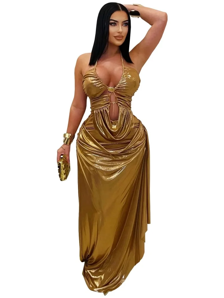 Wmstar Dress Women Wholesale European American Fashionable Clothing Sexy Halter Neck Gold Chain Pleated Arm Hugging Dresses