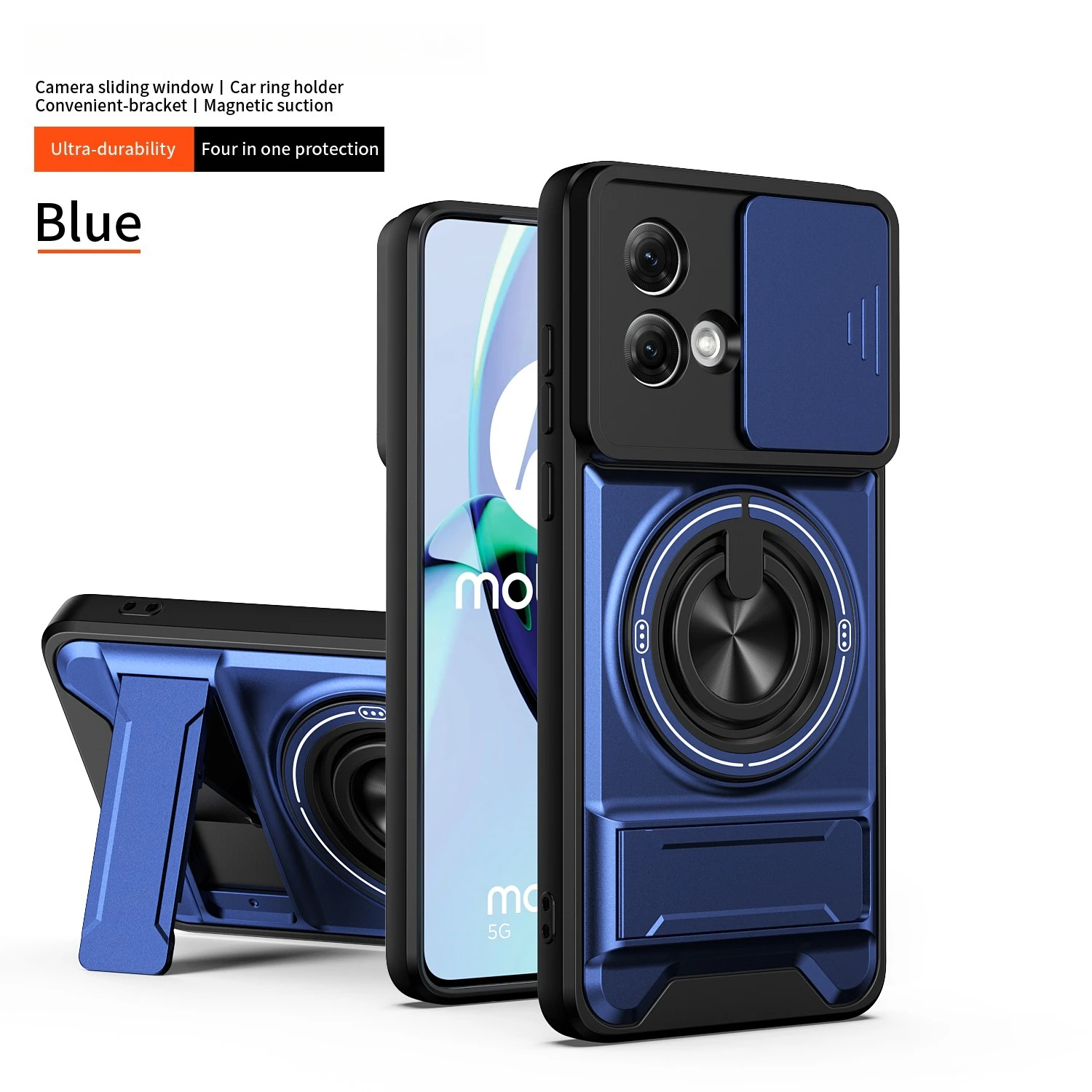Rotating Magnetic Ring Holder Phone Case with Lens Slide and Kickstand Cover