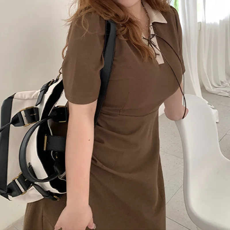 Fashion Mocha Black Polo-Neck Lacing Irregular Dresses Summer Clothes for Women Office Lady Splicing Plus Size Split Long Dress